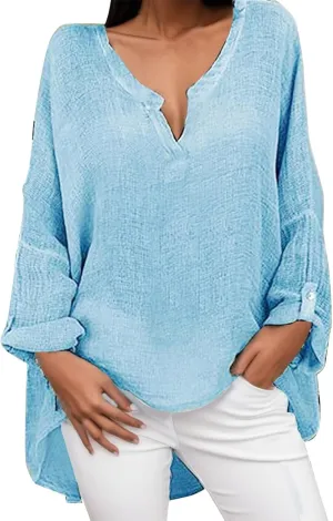 Womens Linen Shirts V-Neck Buttons Blouses Bohemian Boho Comfy Tops Short Sleeve Loose Fit Tunic Top