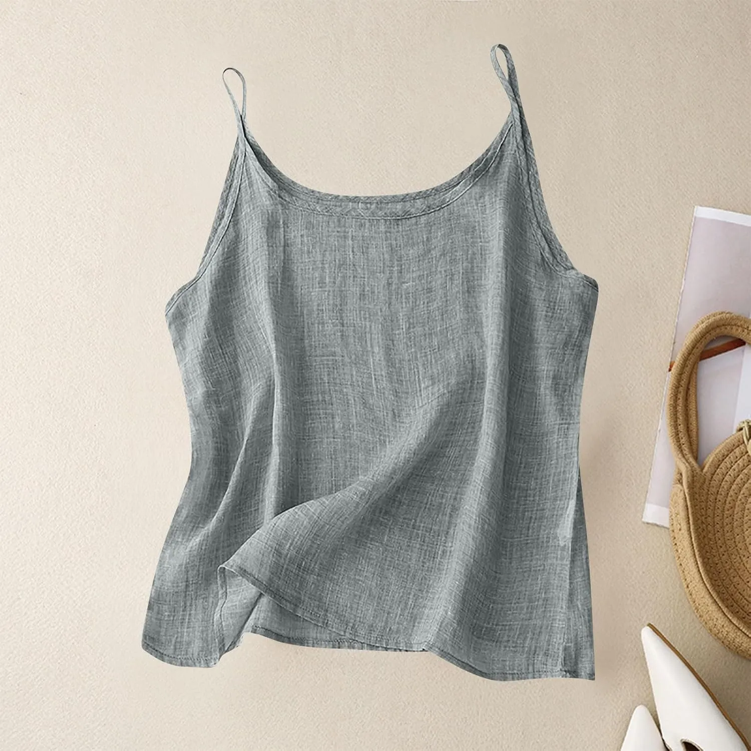 Womens Linen Tank Top Sleeveless Spaghetti Strap Top Casual Solid Color Tops Dressy Fashion Tops Summer Flowy Tank Top