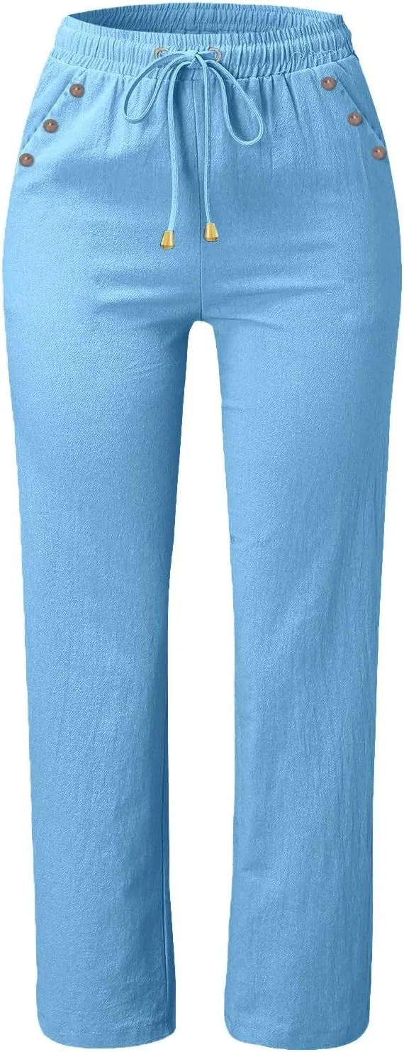 Womens Loose Straight Leg Linen Pants Lightweight Summer High Waist Trousers Drawstring Casual Work Sports Pant Plus