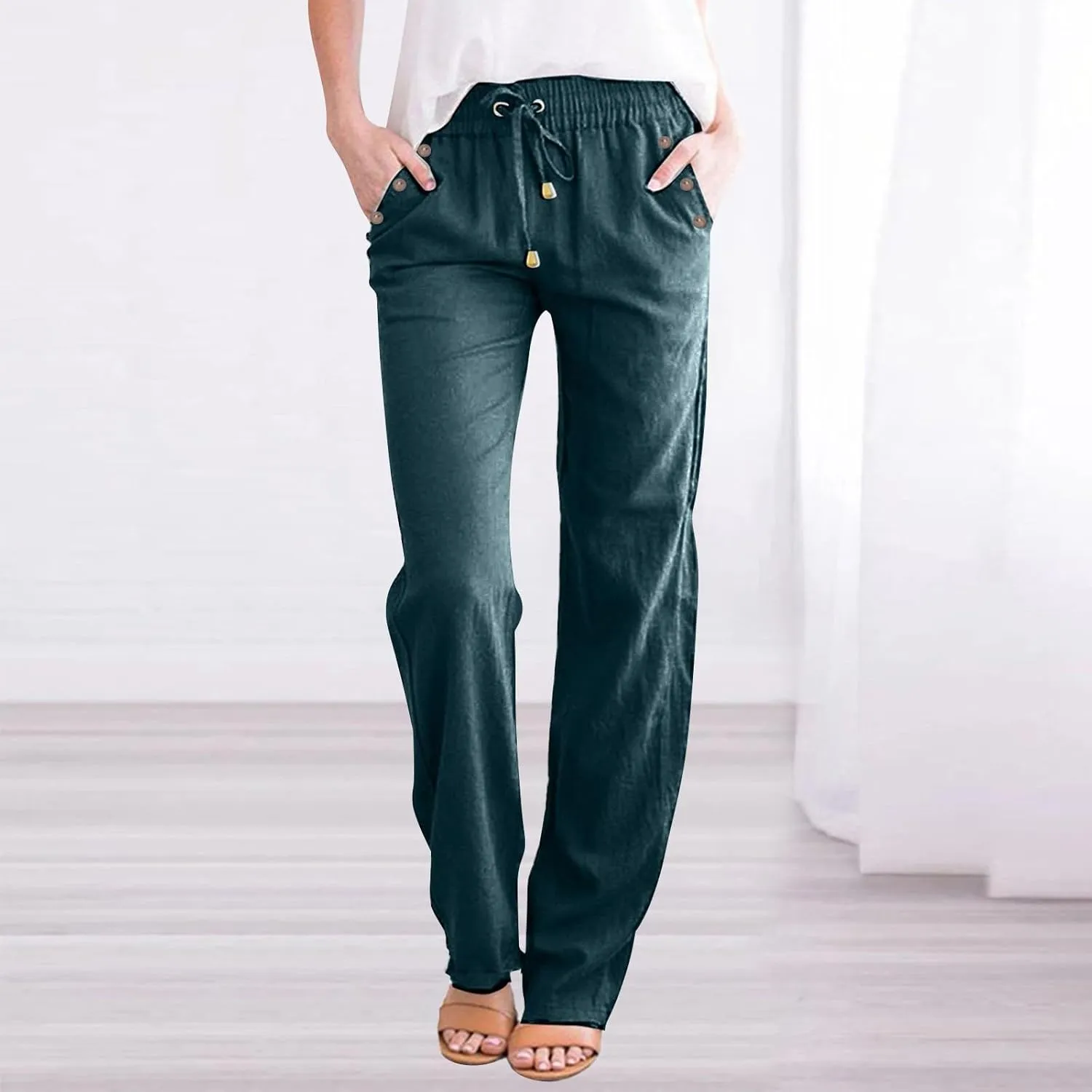 Womens Loose Straight Leg Linen Pants Lightweight Summer High Waist Trousers Drawstring Casual Work Sports Pant Plus