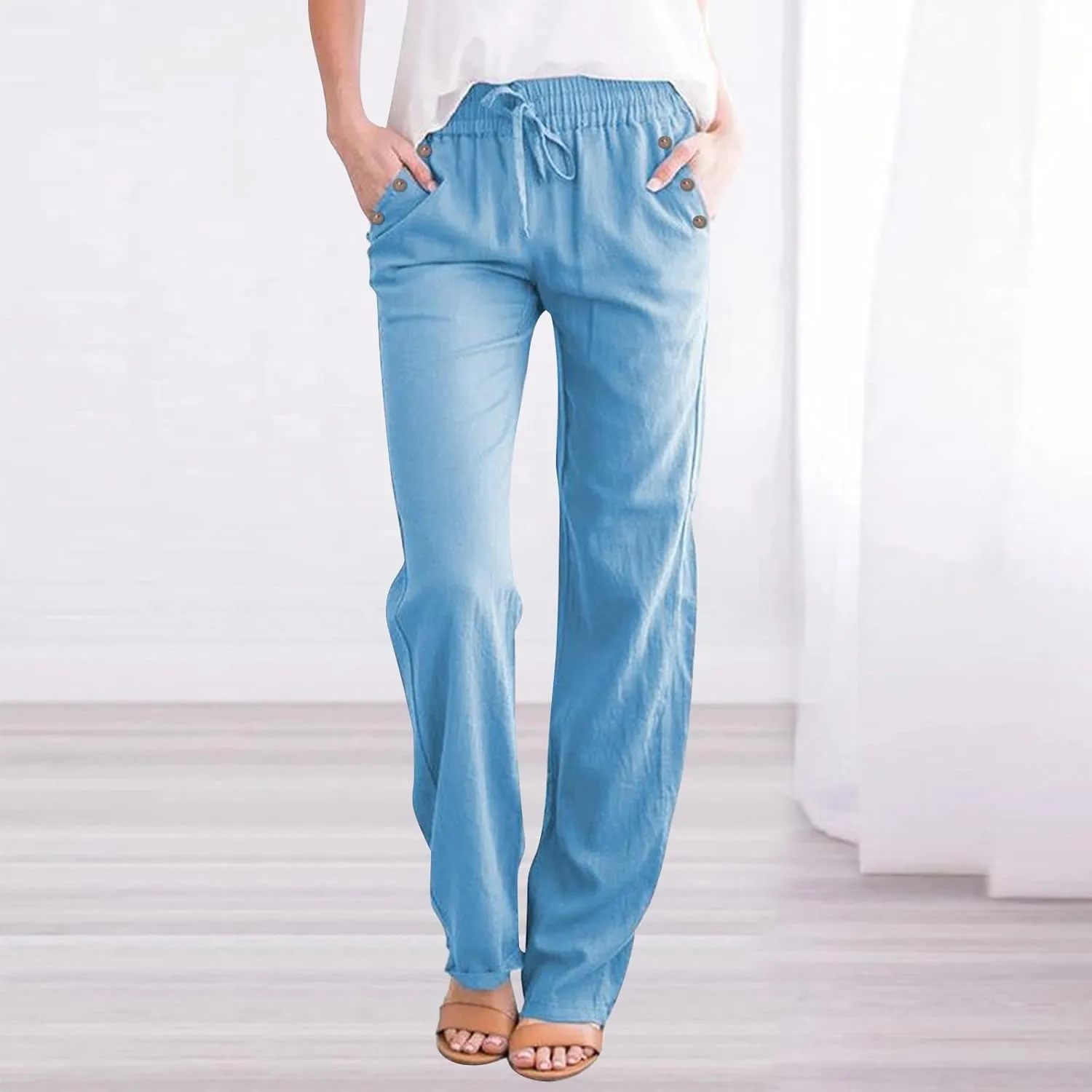 Womens Loose Straight Leg Linen Pants Lightweight Summer High Waist Trousers Drawstring Casual Work Sports Pant Plus