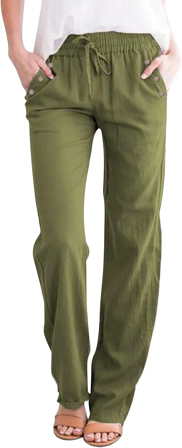 Womens Loose Straight Leg Linen Pants Lightweight Summer High Waist Trousers Drawstring Casual Work Sports Pant Plus
