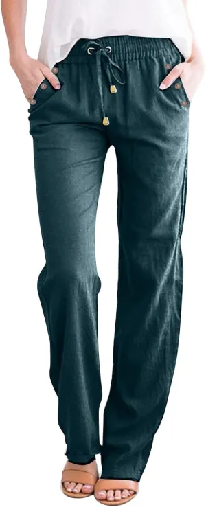 Womens Loose Straight Leg Linen Pants Lightweight Summer High Waist Trousers Drawstring Casual Work Sports Pant Plus