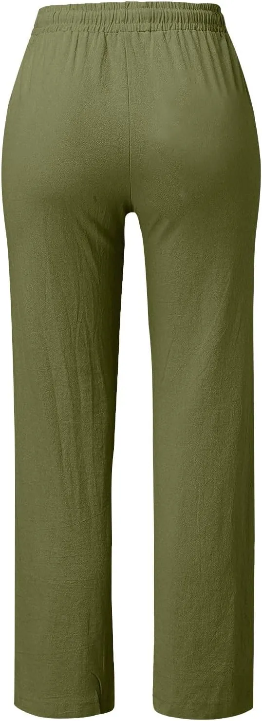 Womens Loose Straight Leg Linen Pants Lightweight Summer High Waist Trousers Drawstring Casual Work Sports Pant Plus