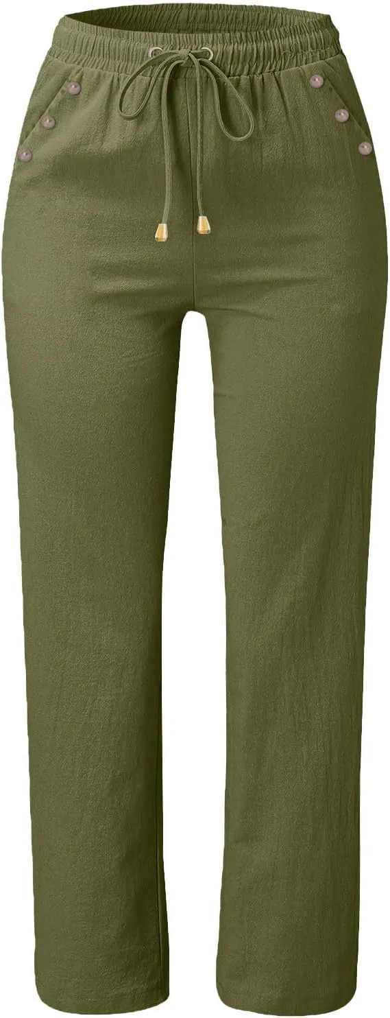 Womens Loose Straight Leg Linen Pants Lightweight Summer High Waist Trousers Drawstring Casual Work Sports Pant Plus