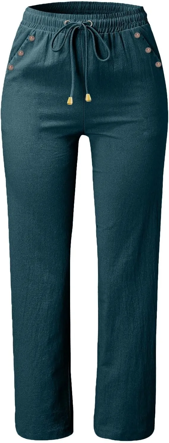 Womens Loose Straight Leg Linen Pants Lightweight Summer High Waist Trousers Drawstring Casual Work Sports Pant Plus