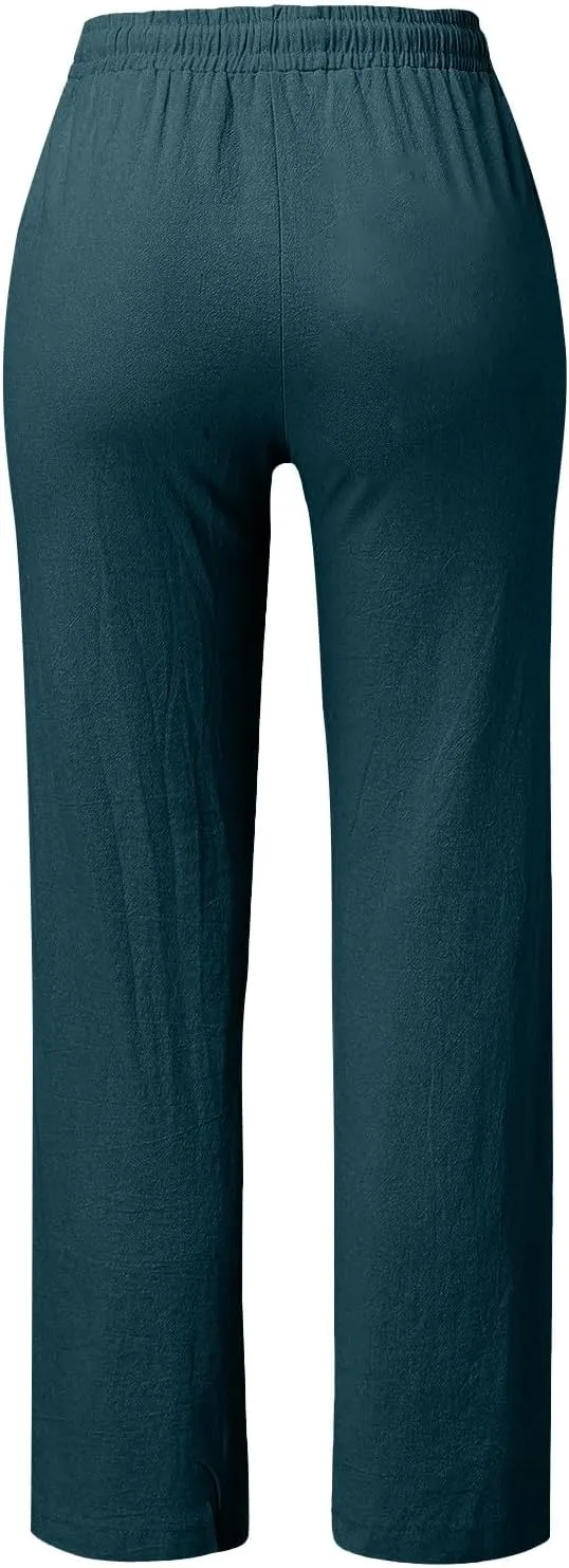 Womens Loose Straight Leg Linen Pants Lightweight Summer High Waist Trousers Drawstring Casual Work Sports Pant Plus
