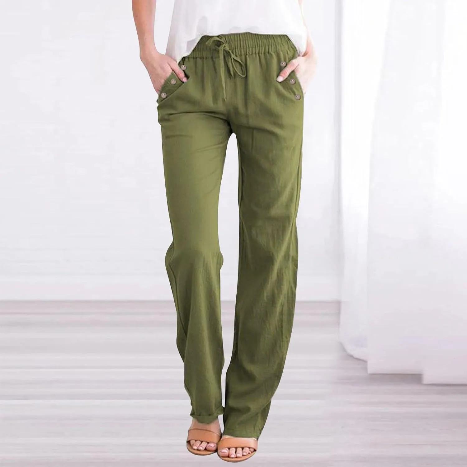 Womens Loose Straight Leg Linen Pants Lightweight Summer High Waist Trousers Drawstring Casual Work Sports Pant Plus