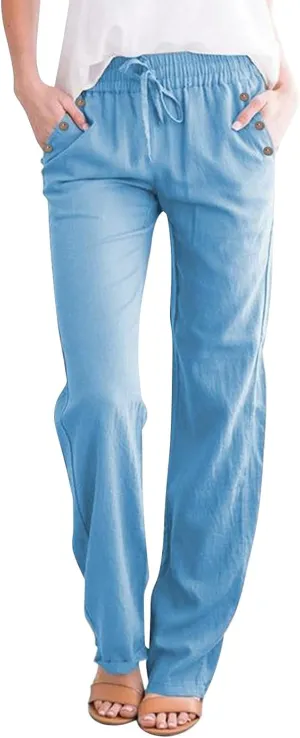 Womens Loose Straight Leg Linen Pants Lightweight Summer High Waist Trousers Drawstring Casual Work Sports Pant Plus
