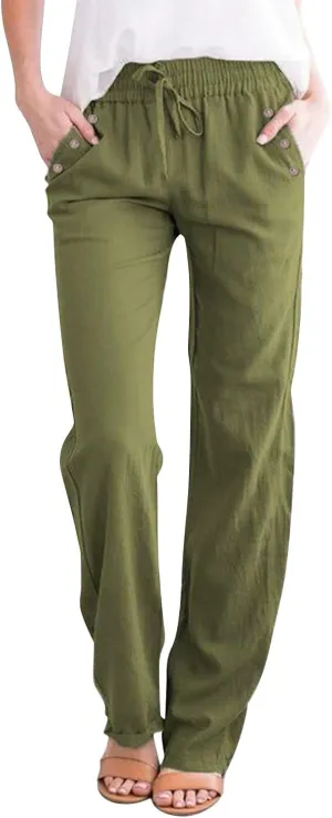 Womens Loose Straight Leg Linen Pants Lightweight Summer High Waist Trousers Drawstring Casual Work Sports Pant Plus