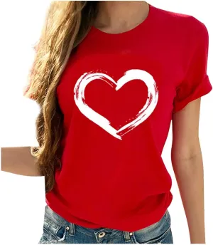 Women's Love Heart Graphic Print Tee Short Sleeve Crew Neck T Shirt Casual Summer Loose Fit Solid Color Pullover Tops