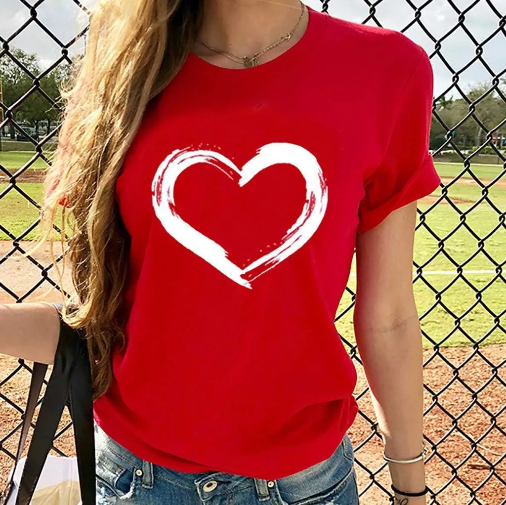 Women's Love Heart Graphic Print Tee Short Sleeve Crew Neck T Shirt Casual Summer Loose Fit Solid Color Pullover Tops