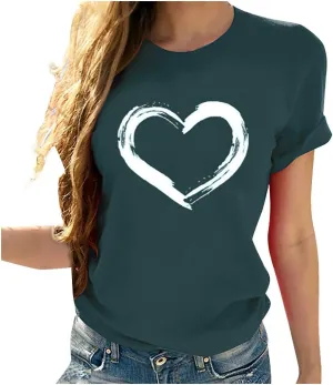 Women's Love Heart Graphic Print Tee Short Sleeve Crew Neck T Shirt Casual Summer Loose Fit Solid Color Pullover Tops