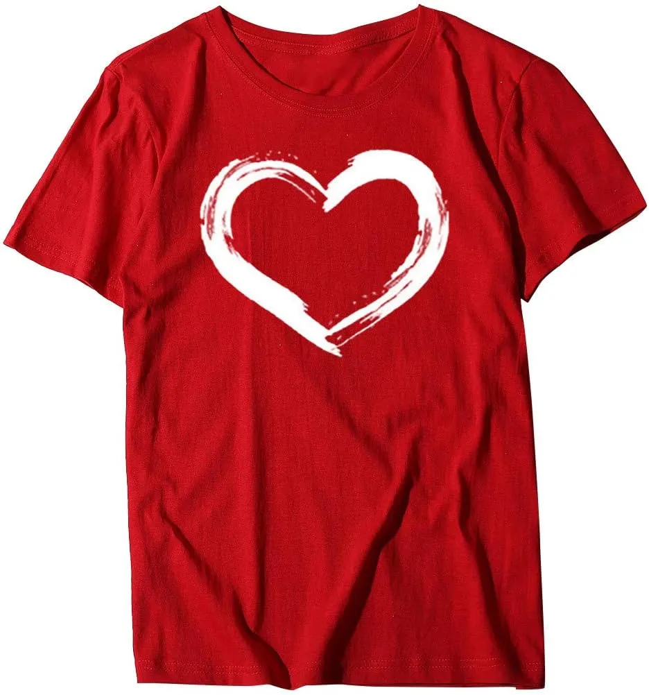 Women's Love Heart Graphic Print Tee Short Sleeve Crew Neck T Shirt Casual Summer Loose Fit Solid Color Pullover Tops