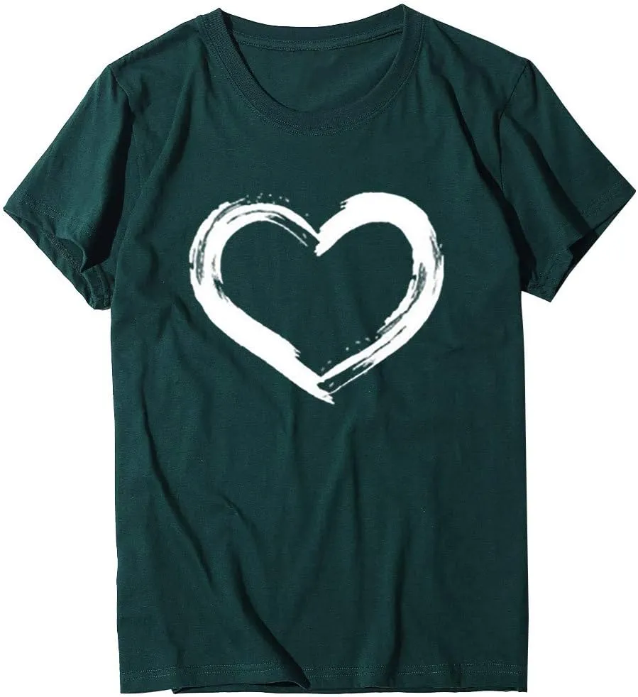 Women's Love Heart Graphic Print Tee Short Sleeve Crew Neck T Shirt Casual Summer Loose Fit Solid Color Pullover Tops