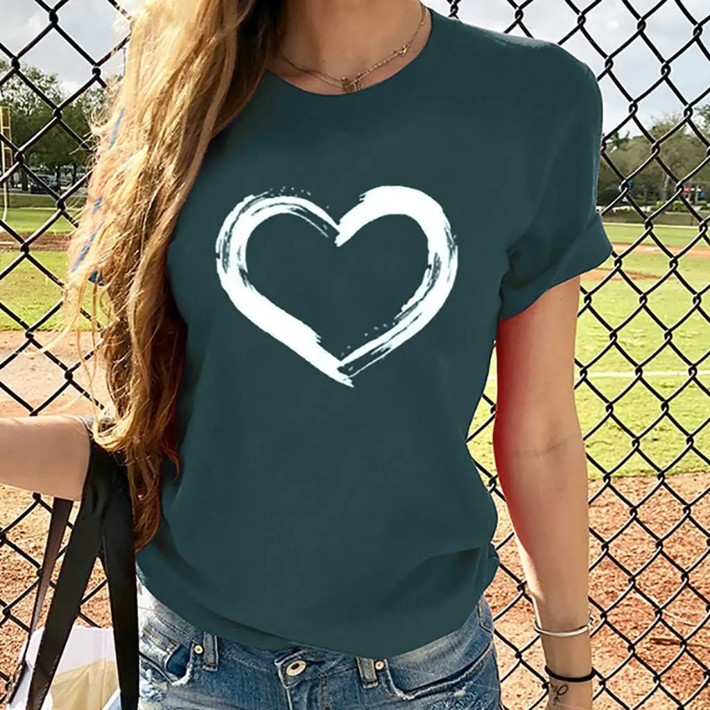 Women's Love Heart Graphic Print Tee Short Sleeve Crew Neck T Shirt Casual Summer Loose Fit Solid Color Pullover Tops