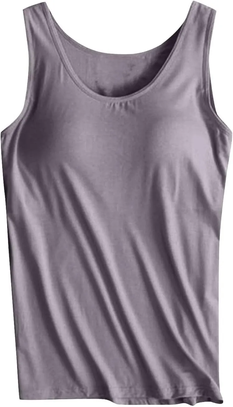 Womens Modal Built-in Bra Summer Basic Padded Yoga Shirt Shelf Bras Workout Camisole Casual Modal Undershirt