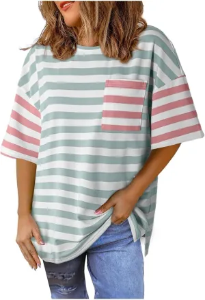 Womens Oversized Tops Casual Short Sleeve Striped Color Block Shirts Summer Crewneck Loose Fit Blouses with Pocket