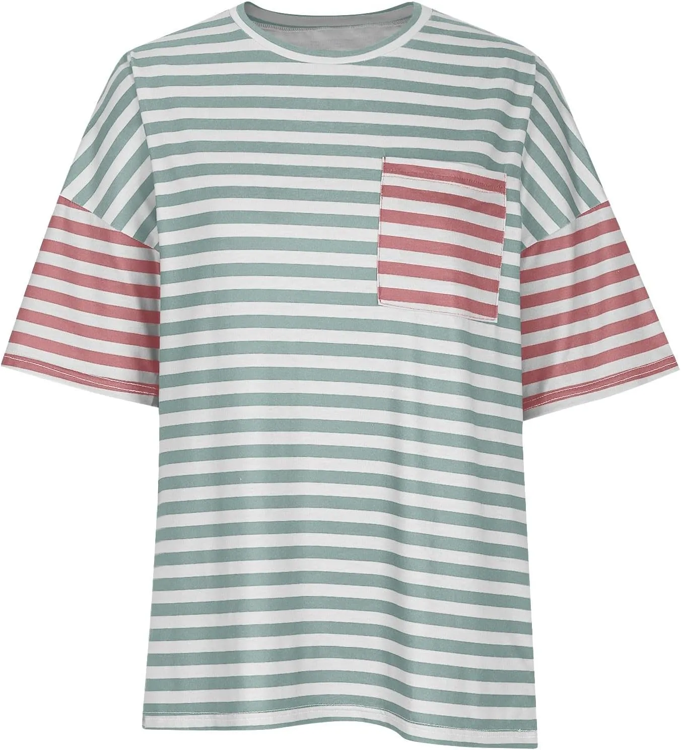 Womens Oversized Tops Casual Short Sleeve Striped Color Block Shirts Summer Crewneck Loose Fit Blouses with Pocket