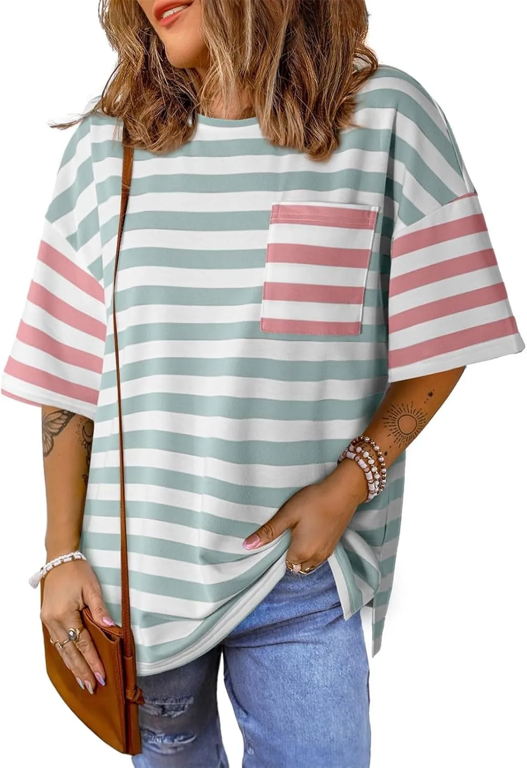 Womens Oversized Tops Casual Short Sleeve Striped Color Block Shirts Summer Crewneck Loose Fit Blouses with Pocket