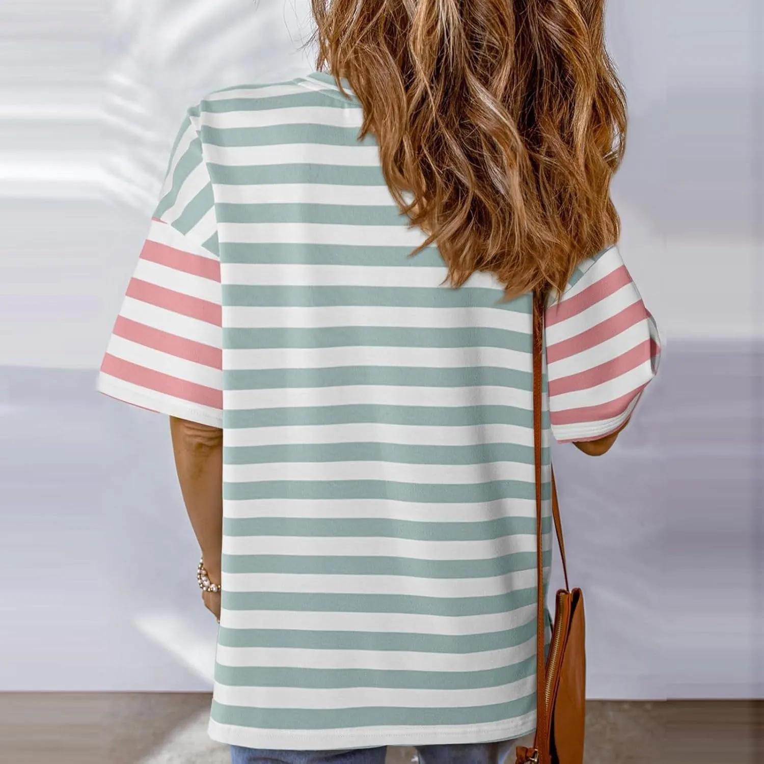 Womens Oversized Tops Casual Short Sleeve Striped Color Block Shirts Summer Crewneck Loose Fit Blouses with Pocket