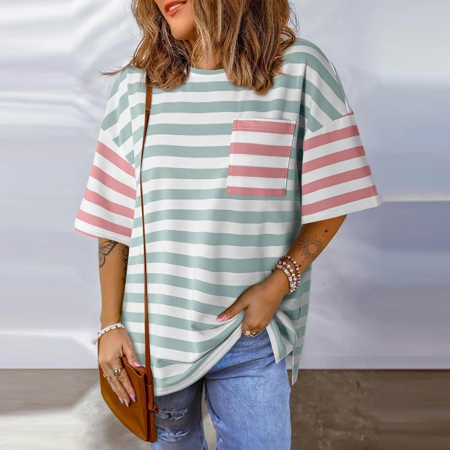 Womens Oversized Tops Casual Short Sleeve Striped Color Block Shirts Summer Crewneck Loose Fit Blouses with Pocket