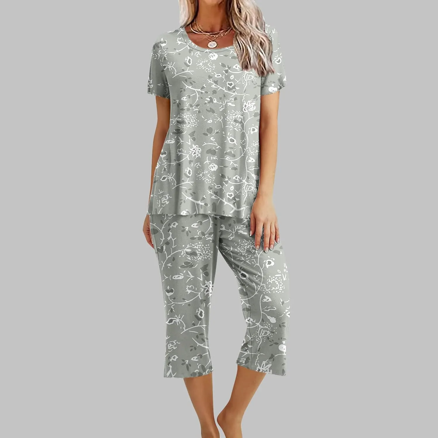 Women's Pajama Set 2 Piece Short Sleeve Lounge Set with Pockets Vintage Capri Loungewear Soft Comfy Sleepwear Sets