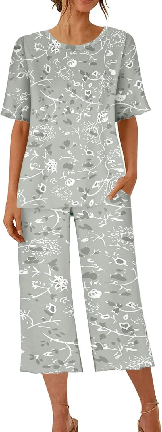 Women's Pajama Set 2 Piece Short Sleeve Lounge Set with Pockets Vintage Capri Loungewear Soft Comfy Sleepwear Sets