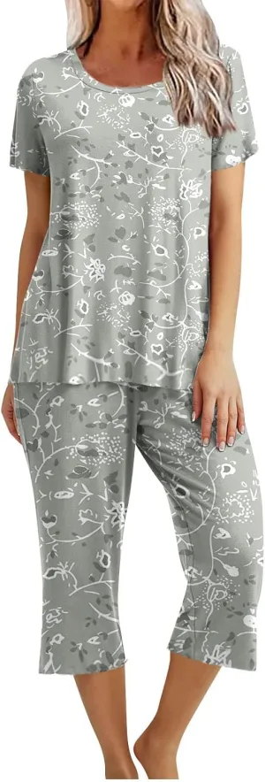 Women's Pajama Set 2 Piece Short Sleeve Lounge Set with Pockets Vintage Capri Loungewear Soft Comfy Sleepwear Sets