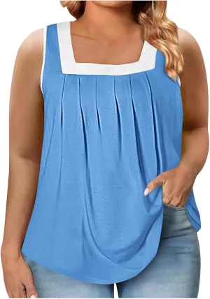 Women's Plus Size Pleated Tank Tops Colorblock Square Neck Blouse Casual Dressy Comfy Summer Loose Sleeveless Shirts