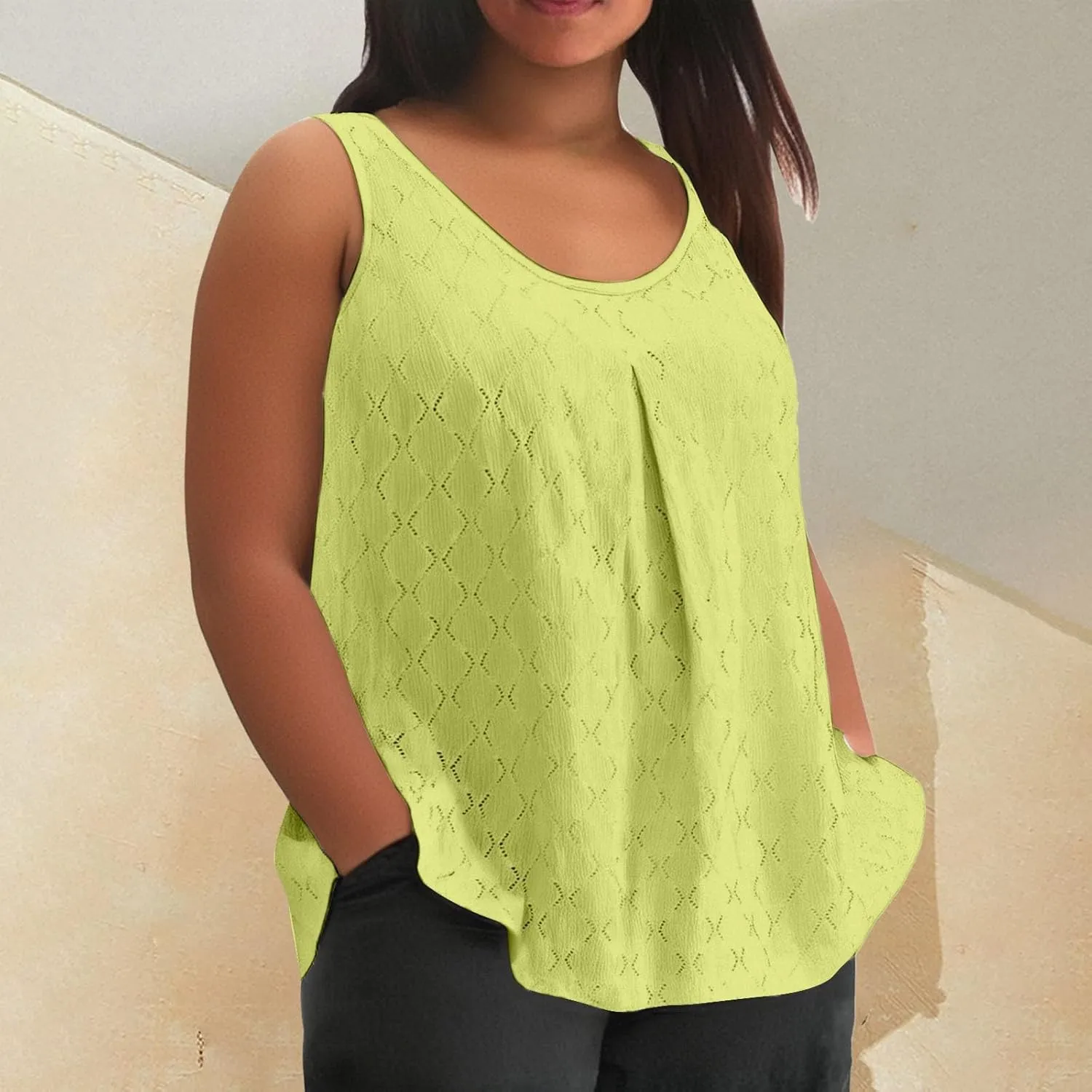 Womens Plus Size Tank Tops Sleeveless Eyelet Embroidery Scoop Neck Loose Fit Casual Summer Flowy Camisoles