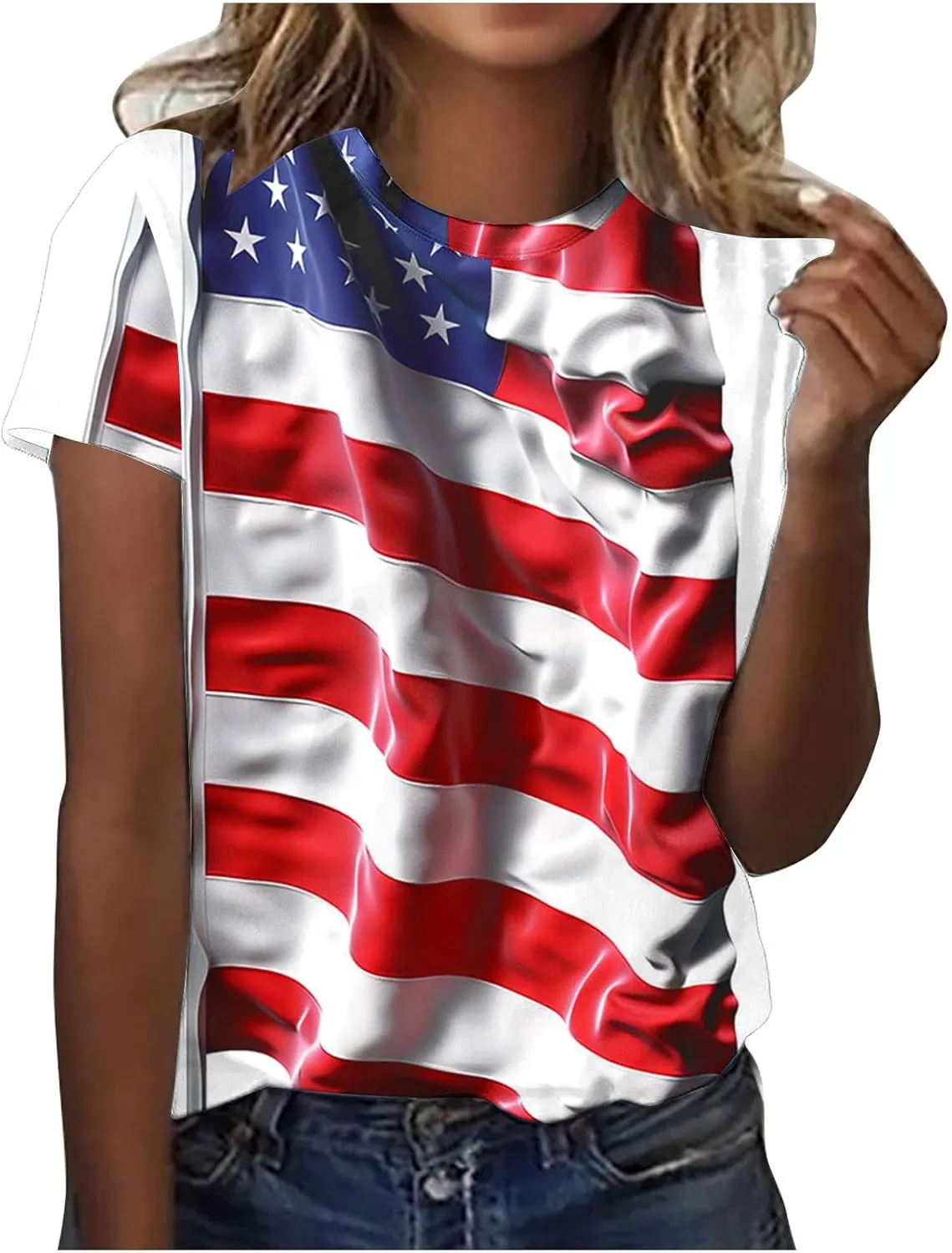 Womens Red White Blue Stars Stripes Shirts USA Pride Flag 4th of July Patriotic Tshirts Plus Size Short Sleeve Tops