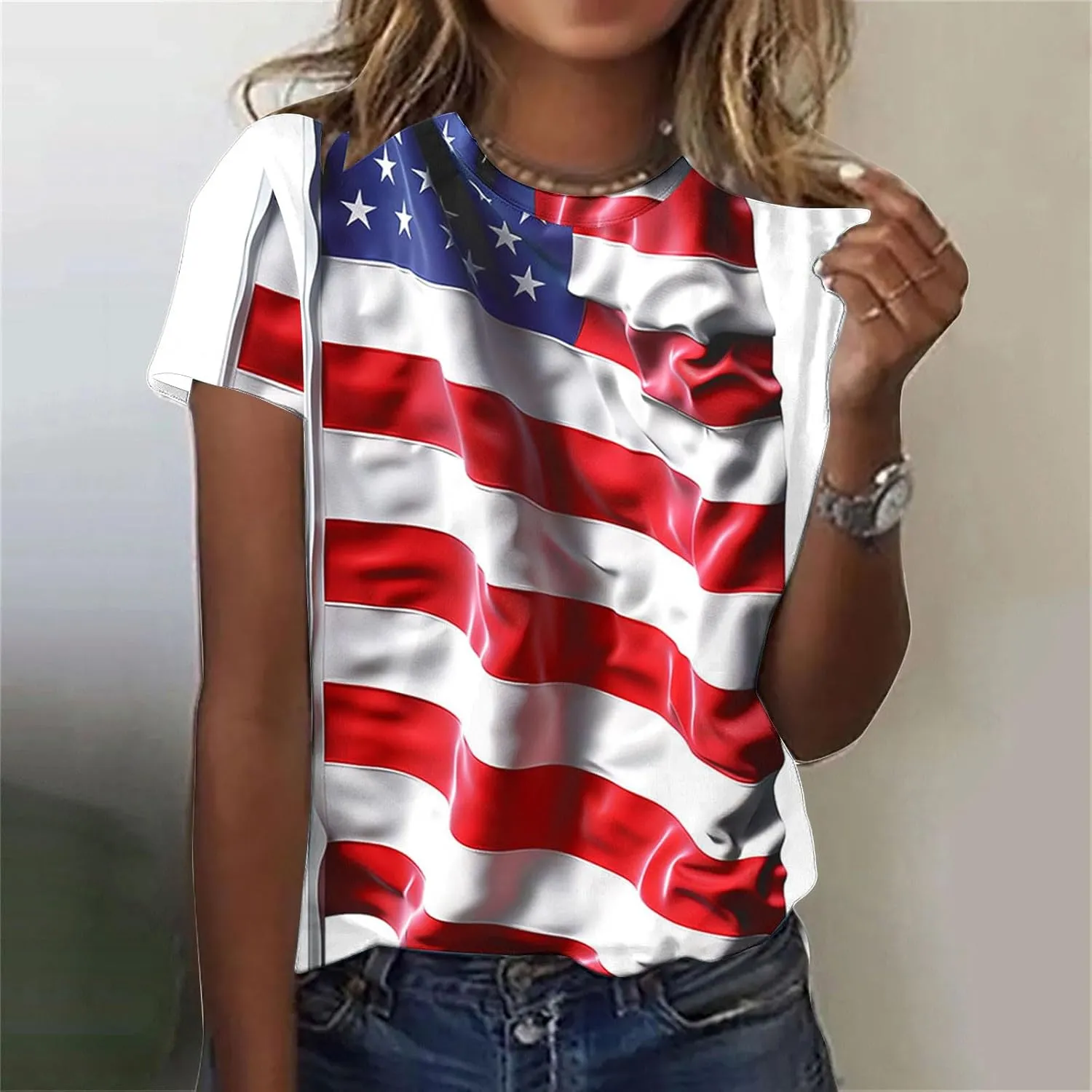 Womens Red White Blue Stars Stripes Shirts USA Pride Flag 4th of July Patriotic Tshirts Plus Size Short Sleeve Tops