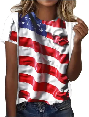 Womens Red White Blue Stars Stripes Shirts USA Pride Flag 4th of July Patriotic Tshirts Plus Size Short Sleeve Tops