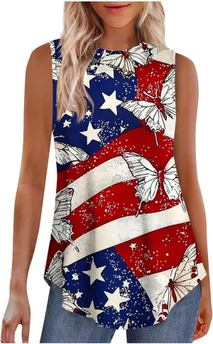 Womens Red White Blue Stars Stripes USA Flag High Neck Tanks Patriotic Tops 4th of July Independence Summer Shirts