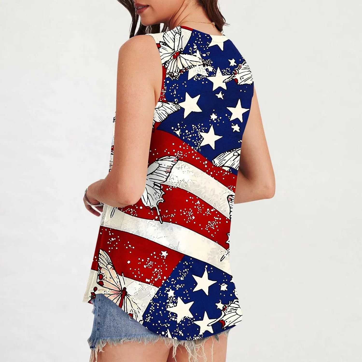 Womens Red White Blue Stars Stripes USA Flag High Neck Tanks Patriotic Tops 4th of July Independence Summer Shirts