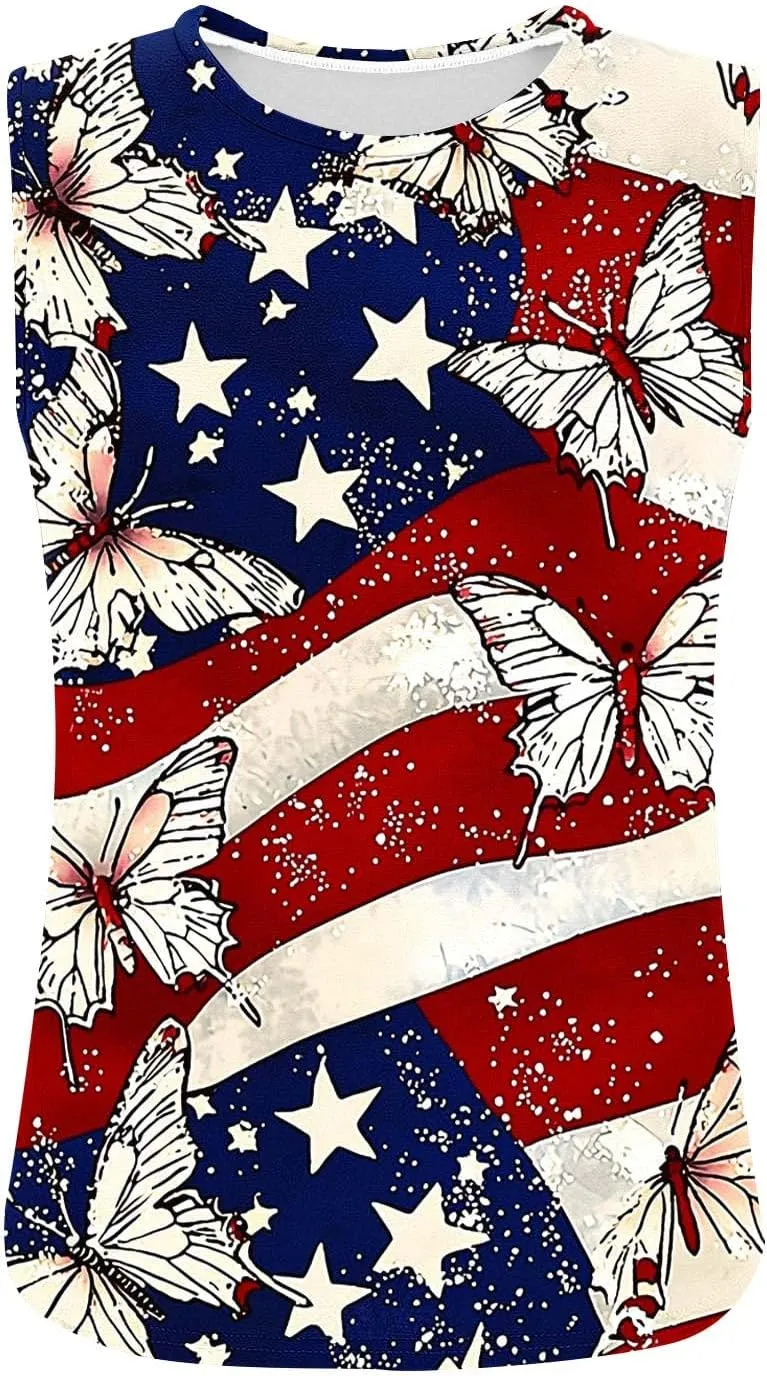 Womens Red White Blue Stars Stripes USA Flag High Neck Tanks Patriotic Tops 4th of July Independence Summer Shirts