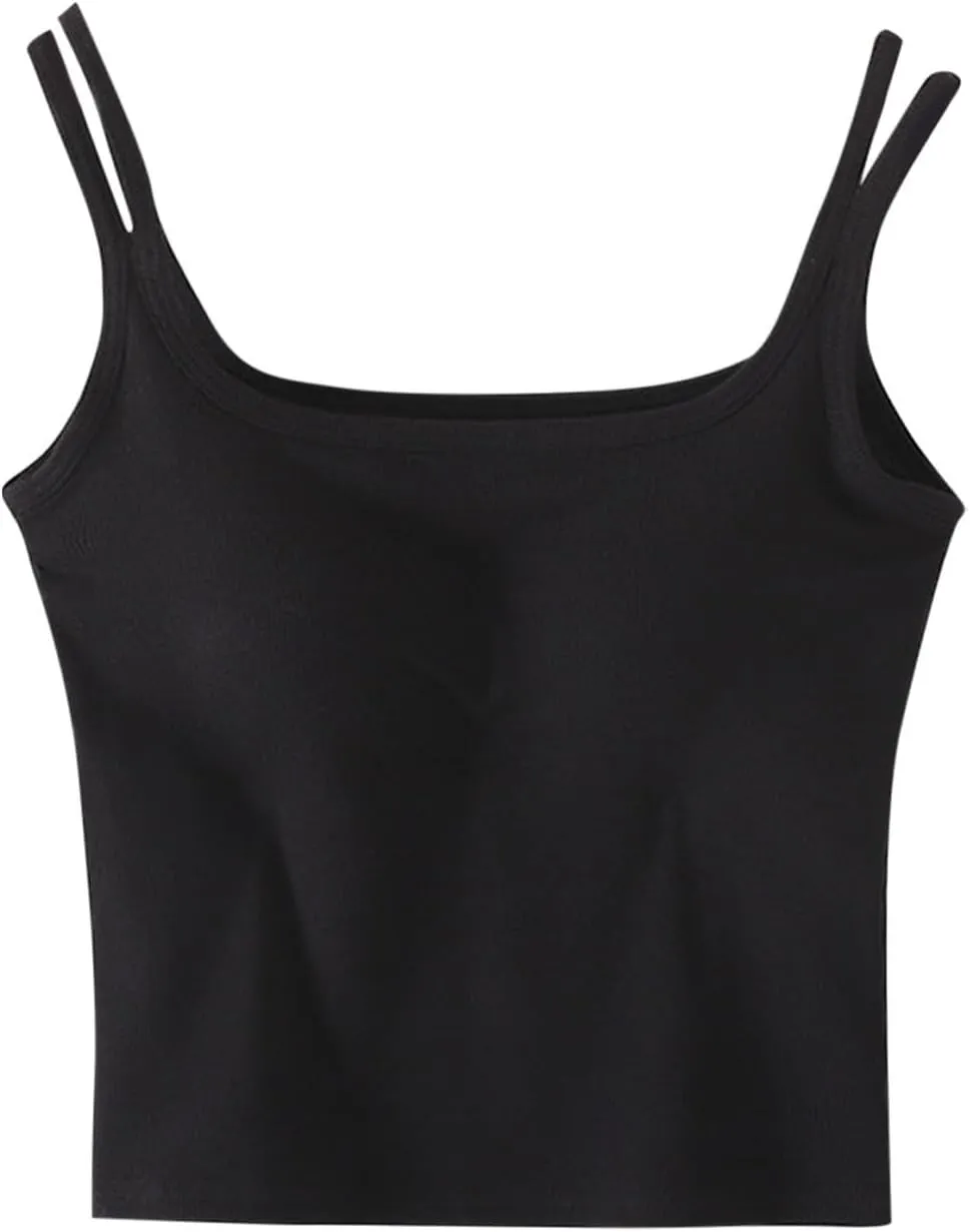 Womens Ribbed Longline Sports Bra U Neck Padded Yoga Cami Shirts Sleeveless Workout Crop Tank Top with Built in Pads