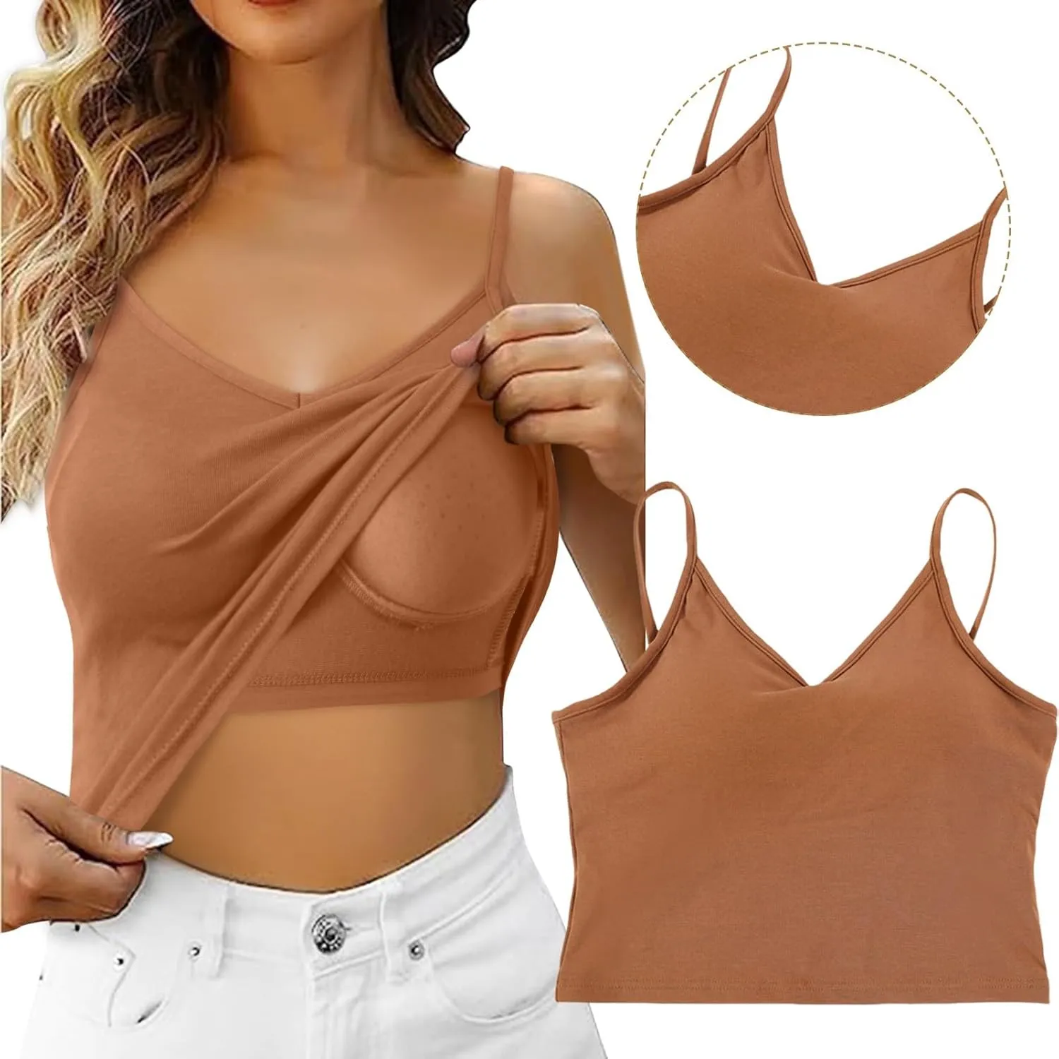 Womens Ribbed Workout Camisoles Built-In Bra Yoga Tanks with Breathable Stretch Convertible Spaghetti Strap Tops