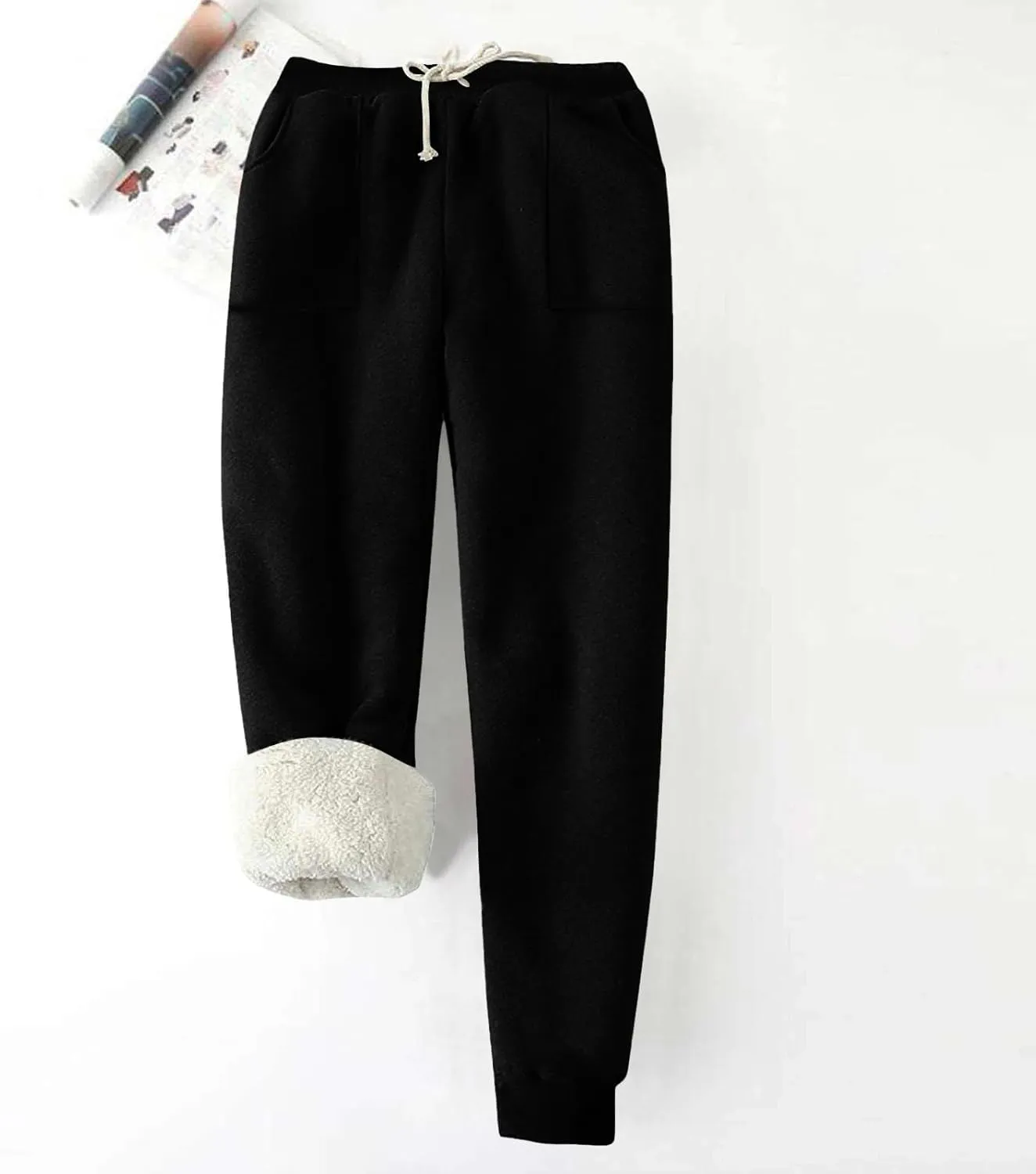 Womens Sherpa Lined Sweatpants Warm Thicken Fleece Winter Pants Straight Leg Cinch Bottom Jogger Pant with Pockets