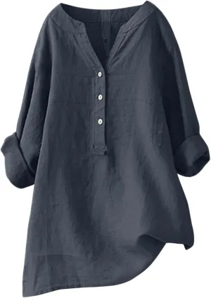 Women's Short Sleeve Linen Shirts Casual V Neck Henley T-Shirts Embroidery Floral Loose Fit Summer Tee Shirts
