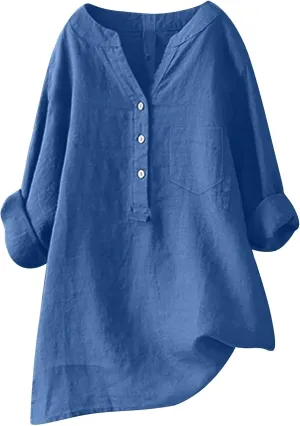 Women's Short Sleeve Linen Shirts Casual V Neck Henley T-Shirts Embroidery Floral Loose Fit Summer Tee Shirts