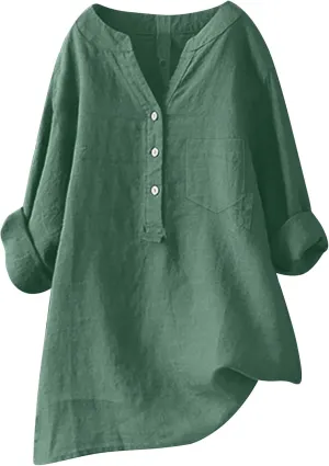 Women's Short Sleeve Linen Shirts Casual V Neck Henley T-Shirts Embroidery Floral Loose Fit Summer Tee Shirts