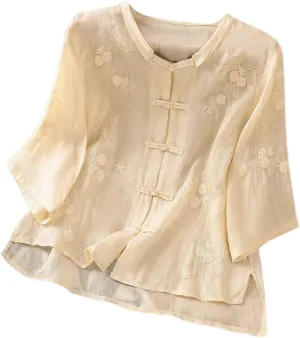 Women's Short Sleeve Linen Shirts Casual V-Neck Oversized T-Shirts Solid Loose Fit Summer Tee Shirts