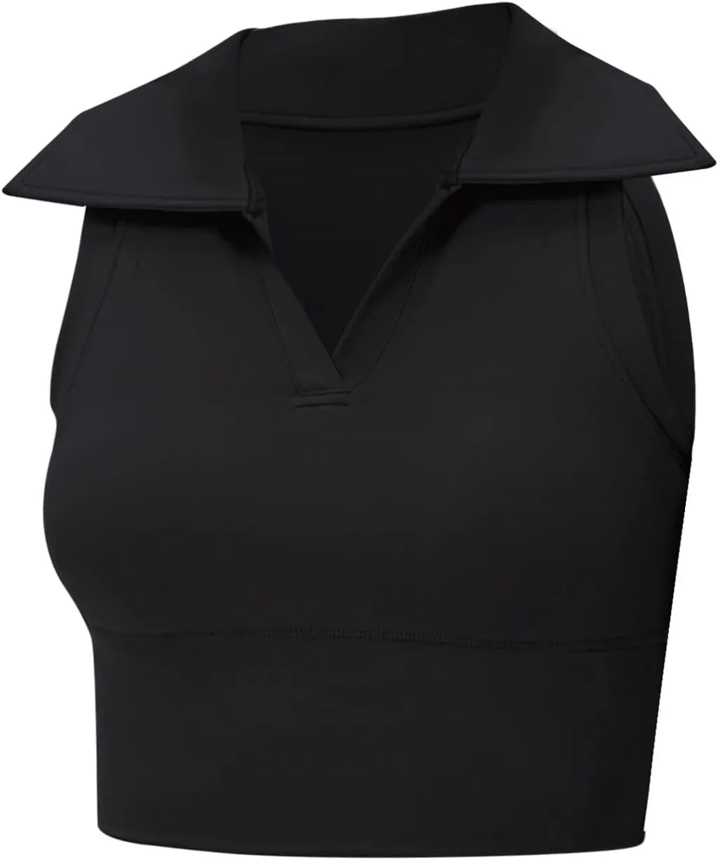 Womens Sleeveless Polo Crop Tops Collar Shirts Workout Crop Tank Tops Cropped Tank Trendy V Neck Tennis Cropped Top