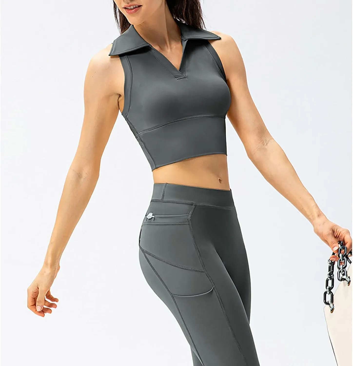 Womens Sleeveless Polo Crop Tops Collar Shirts Workout Crop Tank Tops Cropped Tank Trendy V Neck Tennis Cropped Top