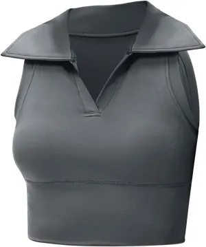 Womens Sleeveless Polo Crop Tops Collar Shirts Workout Crop Tank Tops Cropped Tank Trendy V Neck Tennis Cropped Top