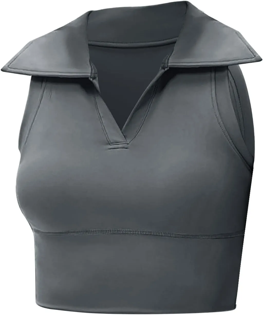 Womens Sleeveless Polo Crop Tops Collar Shirts Workout Crop Tank Tops Cropped Tank Trendy V Neck Tennis Cropped Top