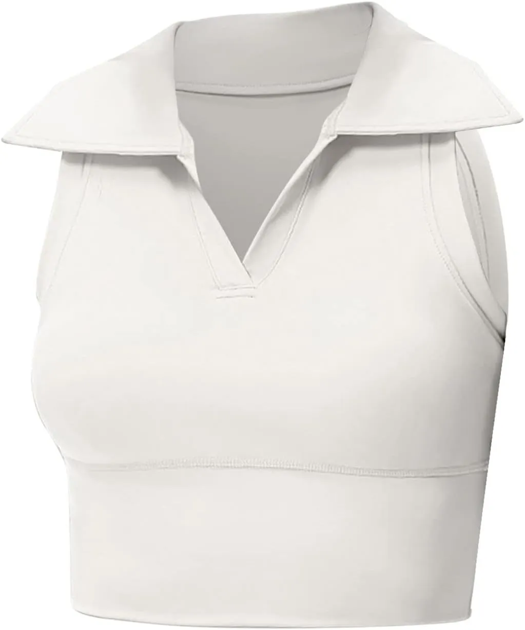 Womens Sleeveless Polo Crop Tops Collar Shirts Workout Crop Tank Tops Cropped Tank Trendy V Neck Tennis Cropped Top