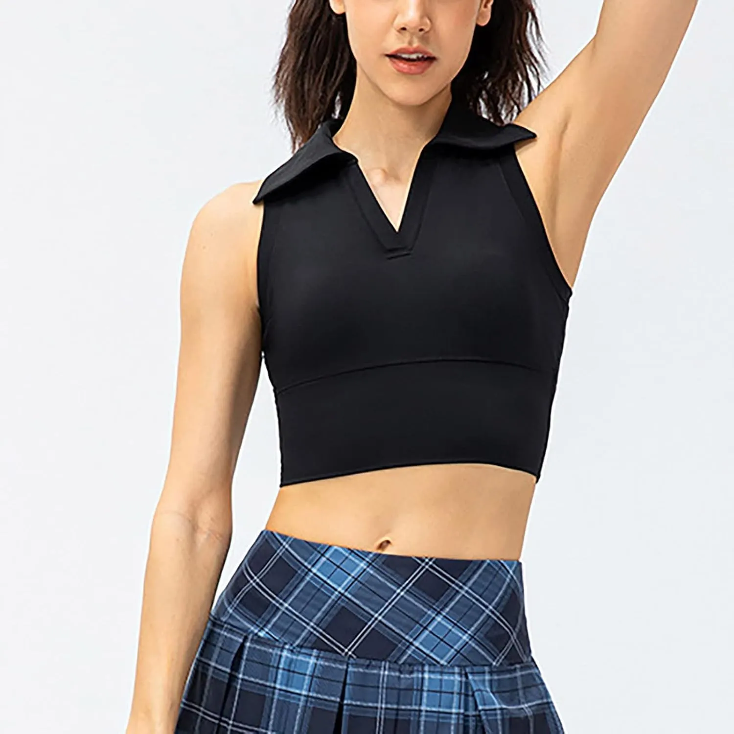Womens Sleeveless Polo Crop Tops Collar Shirts Workout Crop Tank Tops Cropped Tank Trendy V Neck Tennis Cropped Top
